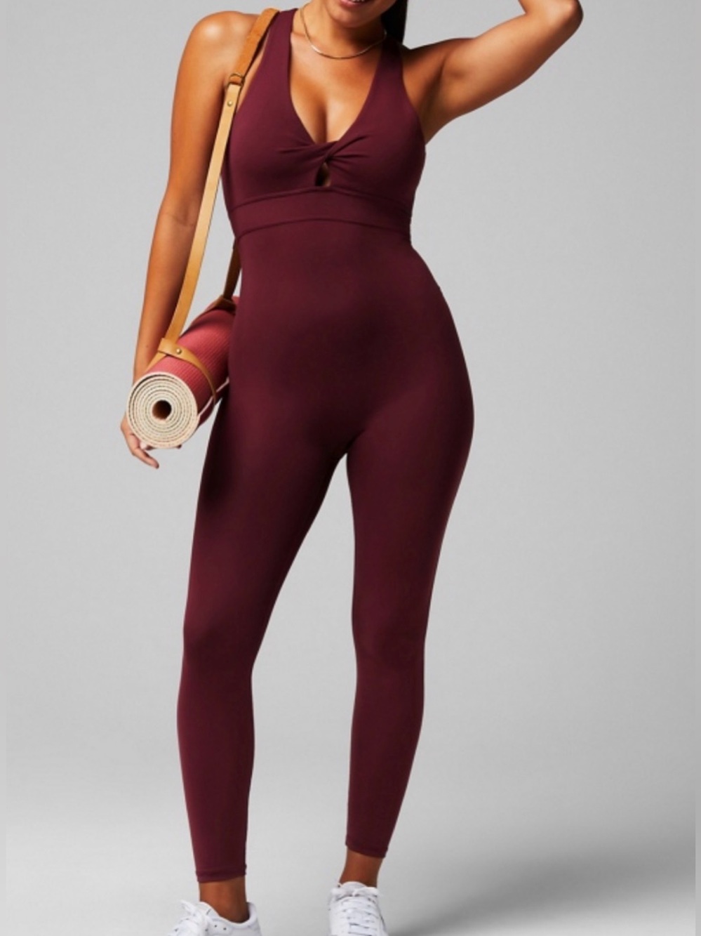 NWT Fabletics Twist Front Oasis 7/8 Onesie in Merlot, XS